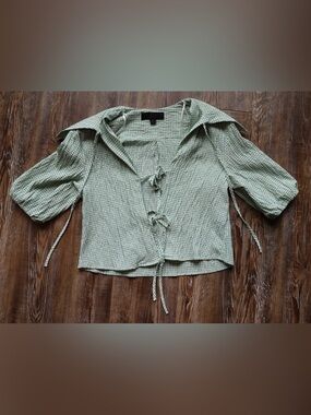 Zara Womens Green Gingham Seersucker Tie Front Puff Sleeve Cottagecore Blouse XS